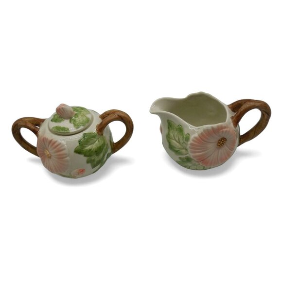 FITZ and FLOYD Hibiscus Floral Sugar and Creamer Set 1987 Vintage - Picture 5 of 11